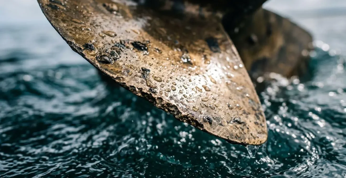 Détail macro d'une hélice de bateau en rotation créant des turbulences dans l'eau