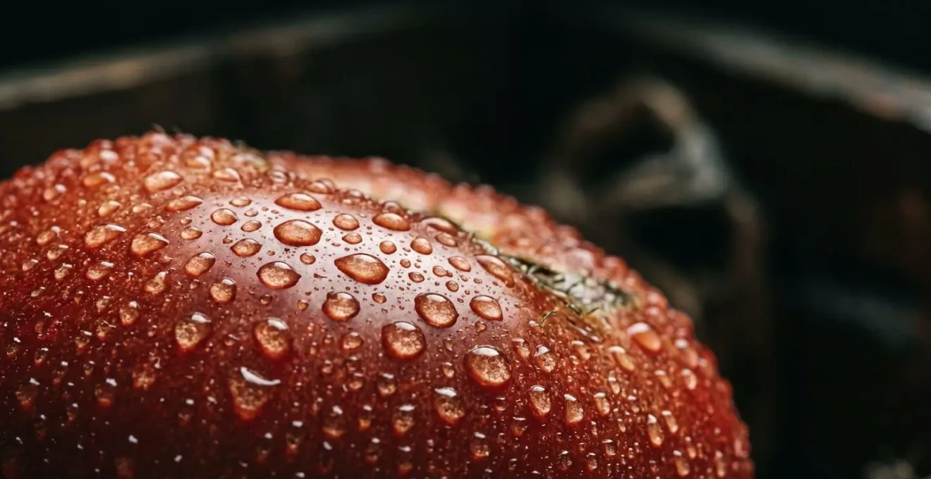 Macro détaillé de gouttelettes de condensation sur une surface organique végétale dans un environnement sombre et humide