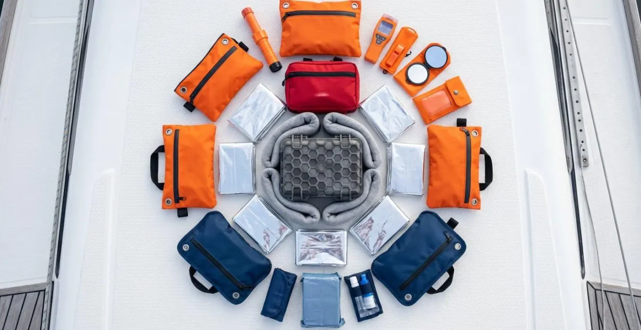 Sac de survie ouvert montrant organisation par modules colorés et protection centrale pour électronique