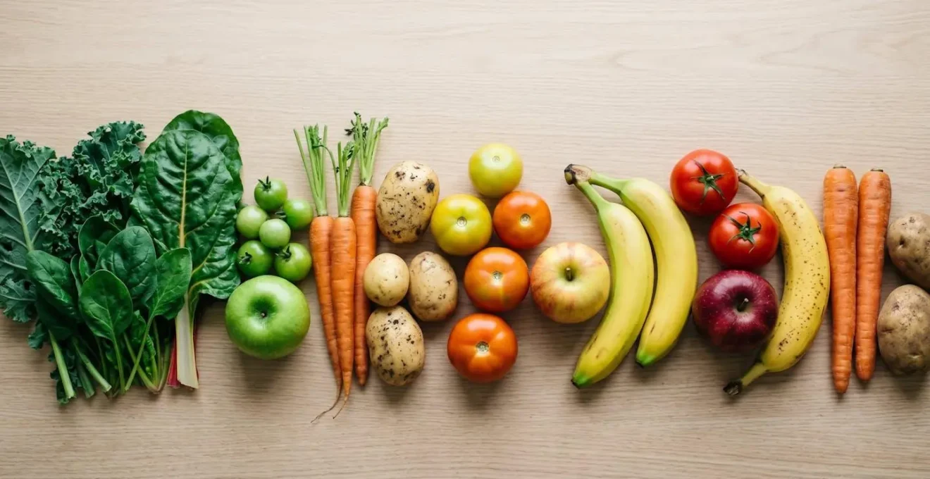 Composition minimaliste de légumes racines et fruits à différents stades de maturité sur fond neutre