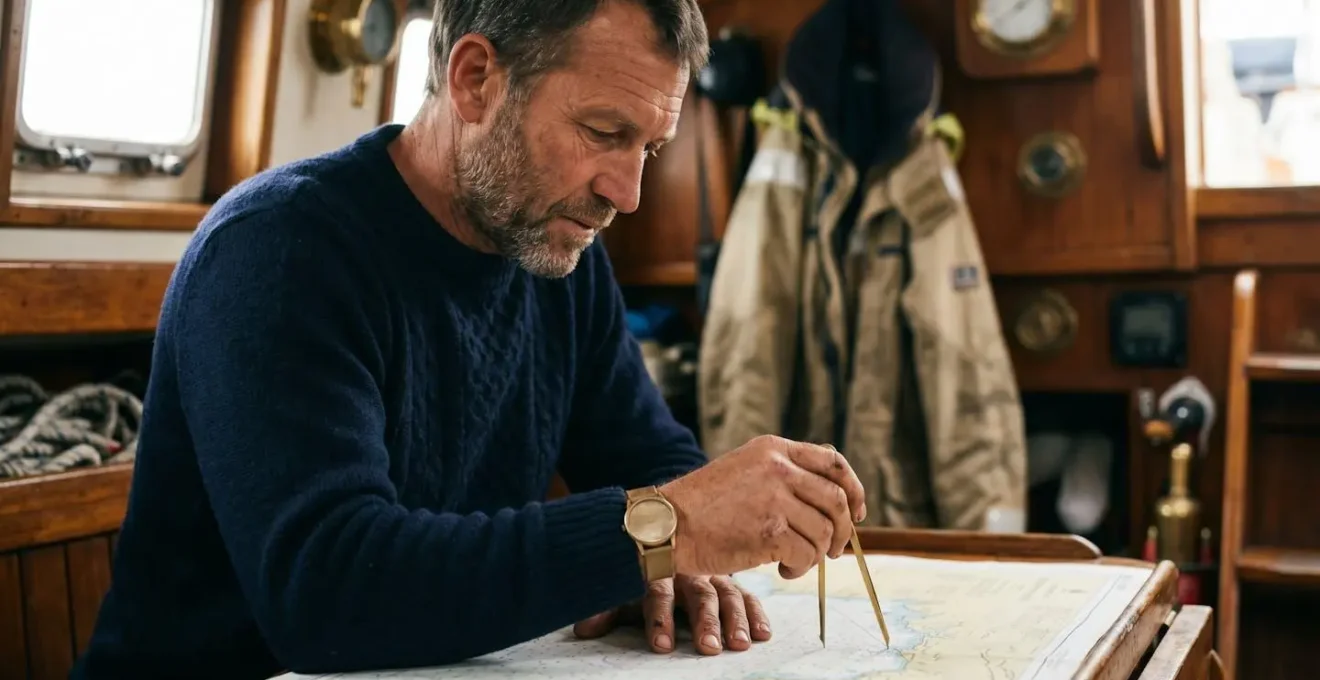 Portrait rapproché d'un navigateur concentré sur la planification avec carte marine et équipement en arrière-plan flou