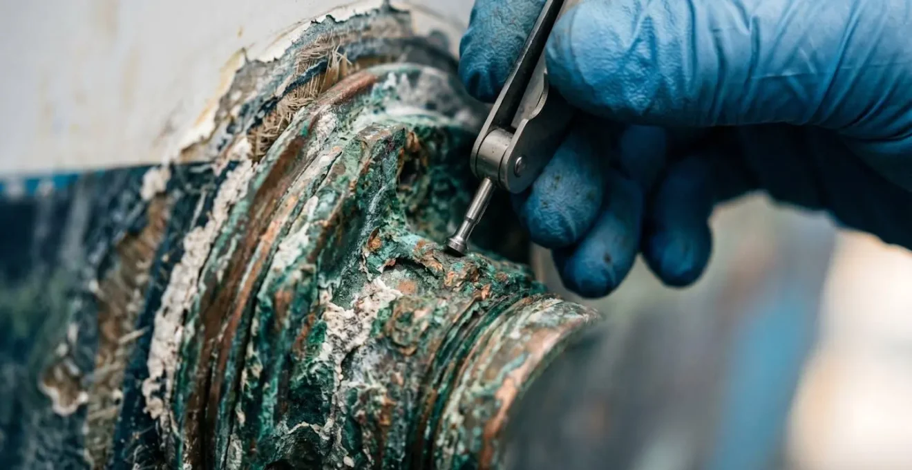 Expert maritime réalisant une inspection technique détaillée sur un bateau avec outils professionnels