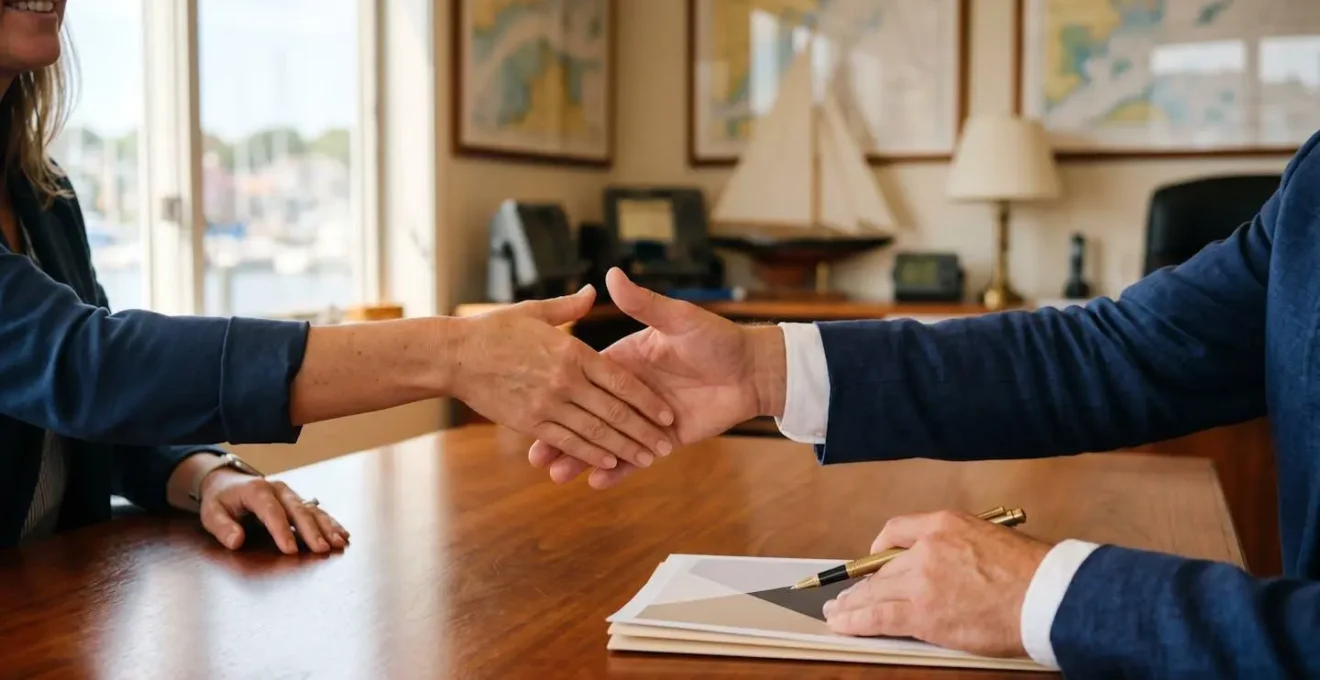Scène évoquant la signature d'un contrat de vente maritime dans un environnement professionnel et sécurisé